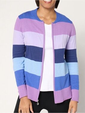 Sport Savvy Women L Blue Multi 100% Cotton Zip-Up Sweater With Bold Stripe